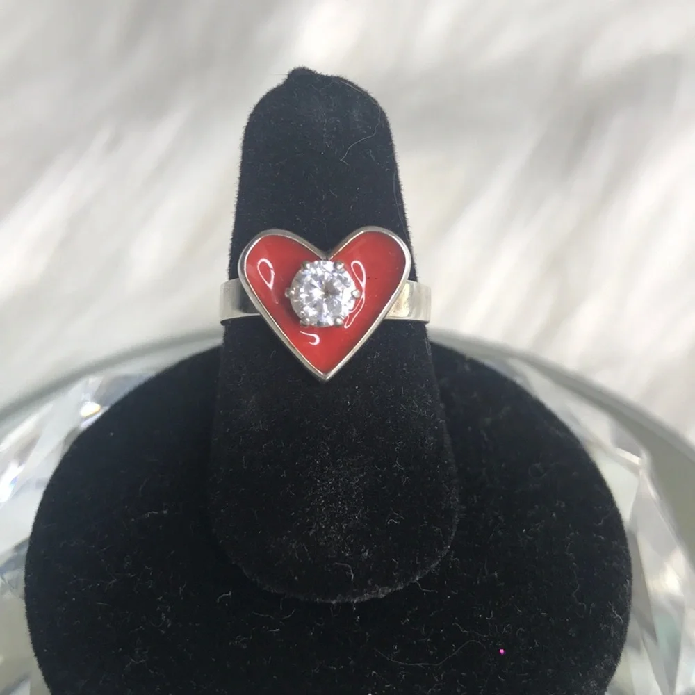 Valentine's Day Love Heart Ring Sterling Silver Cubic Zirconia Red enamel size 6 - Picture 2 of 4